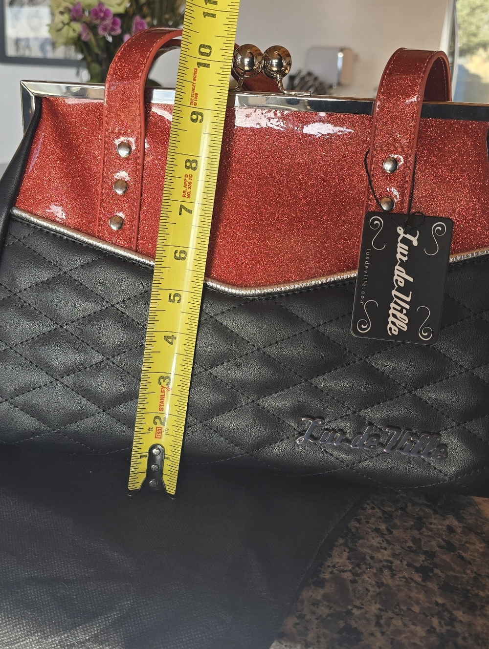 Brand New! Glittery Coral Lux De Ville Silver Clasp Retro/Vintage Inspo Hand Bag - Picture 11 of 12